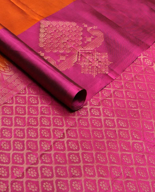 Orange zari buttas silk mix saree, contrast peacock design border & pallu of jaal designs