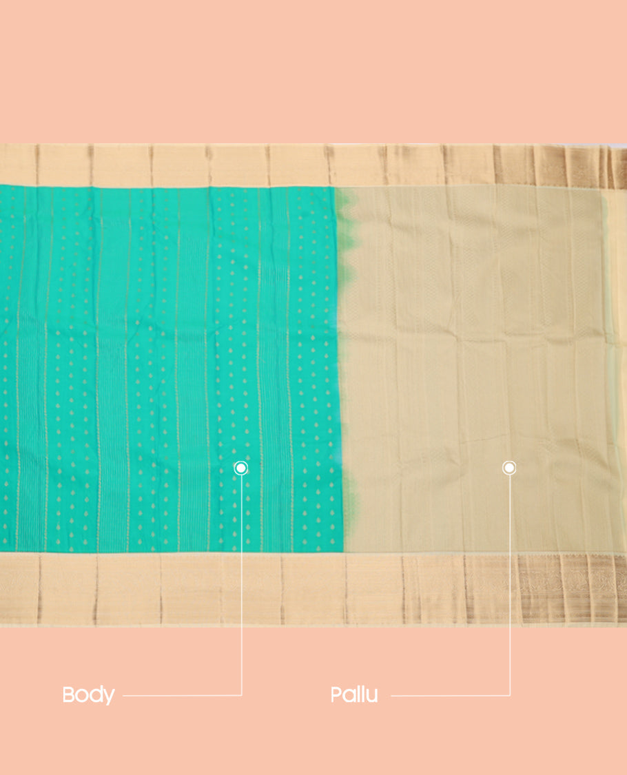 Green Budget Silk Saree, Subtly Sparkled with Zari Buttas and Stripes, Complemented by a Contrast Traditional Zari Design Border, Grand Pallu, and a Contrast Blouse