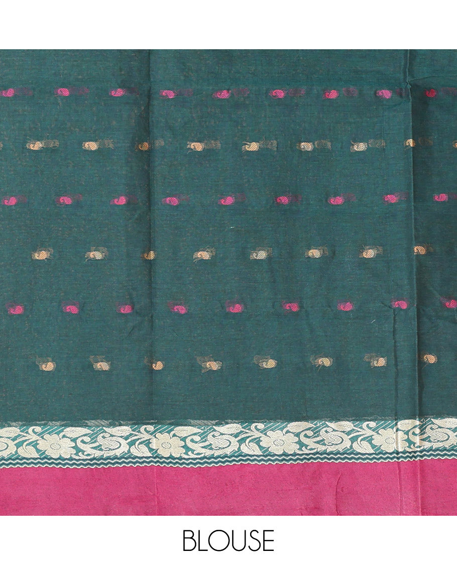 Green Bengal Cotton Saree Features Thread Buttas, a Contrast Floral Creeper Border, Pallu of Stripes, and Buttas, and a Matching Blouse