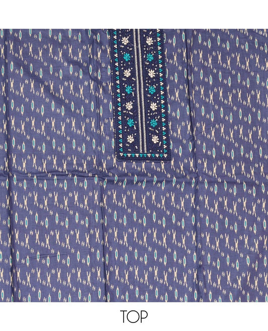 Blue Material Chudidar Set, Elevated with Ikkat-Style Buttas Printed and Neck Embroidery Cotton Top, Complemented by Contrast Printed Cotton Bottom, and Paired with Ikkat-Style Printed Cotton Dupatta