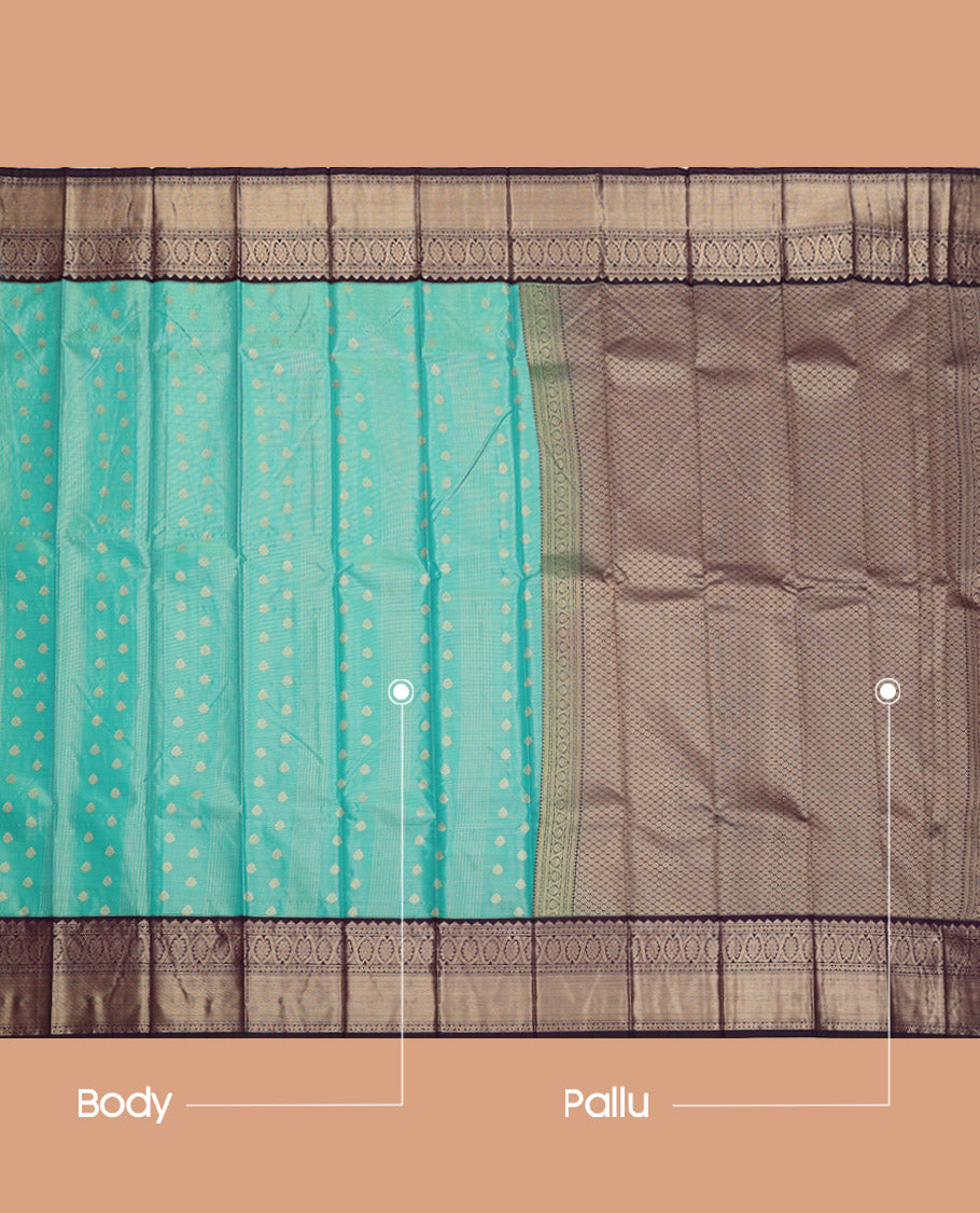 Green Budget Silk Saree, Richly Detailed with Zari Buttas and Stripes, Complemented by a Contrast Traditional Zari Border, Jaal Pallu, and a Contrast Blouse