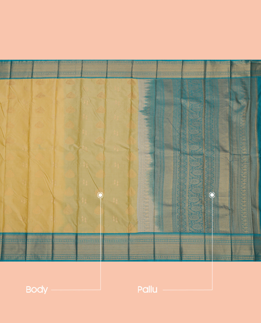 Yellow Budget Silk Saree, Woven with Zari Buttas, a Contrast Traditional Zari Border, Grand Pallu, and a Contrast Blouse