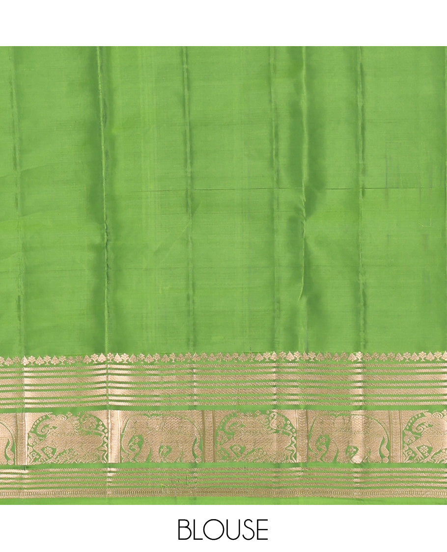 Mustard Zari Buttas Vasundhara Lite Silk Mix Saree, a Contrast Yaali-Yaanai Border, Jaal Pallu, Contrast Blouse