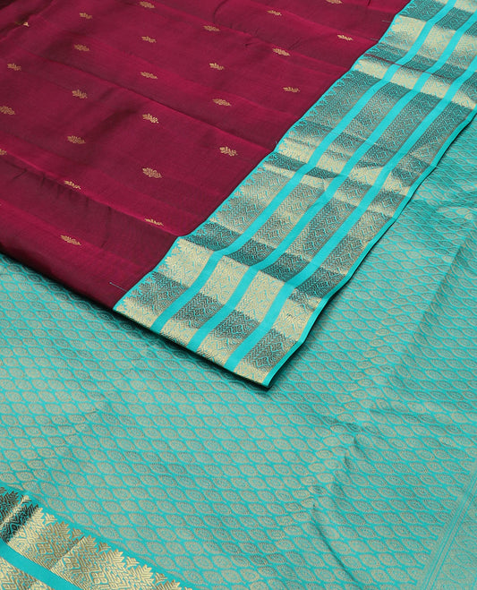 Maroon zari buttas vasundhara silk mix saree, contrast jaal pallu & border steeped with traditional designs
