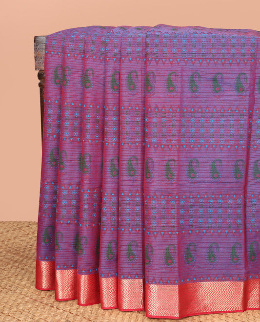 Purple Chirala Cotton Saree Detailed with Paisley and Geometric Motifs Printed All Over Its Body, Complemented by a Contrast Chevron Zari Border, Pallu of Floral Motifs Print, and Paired with a Contrast Blouse