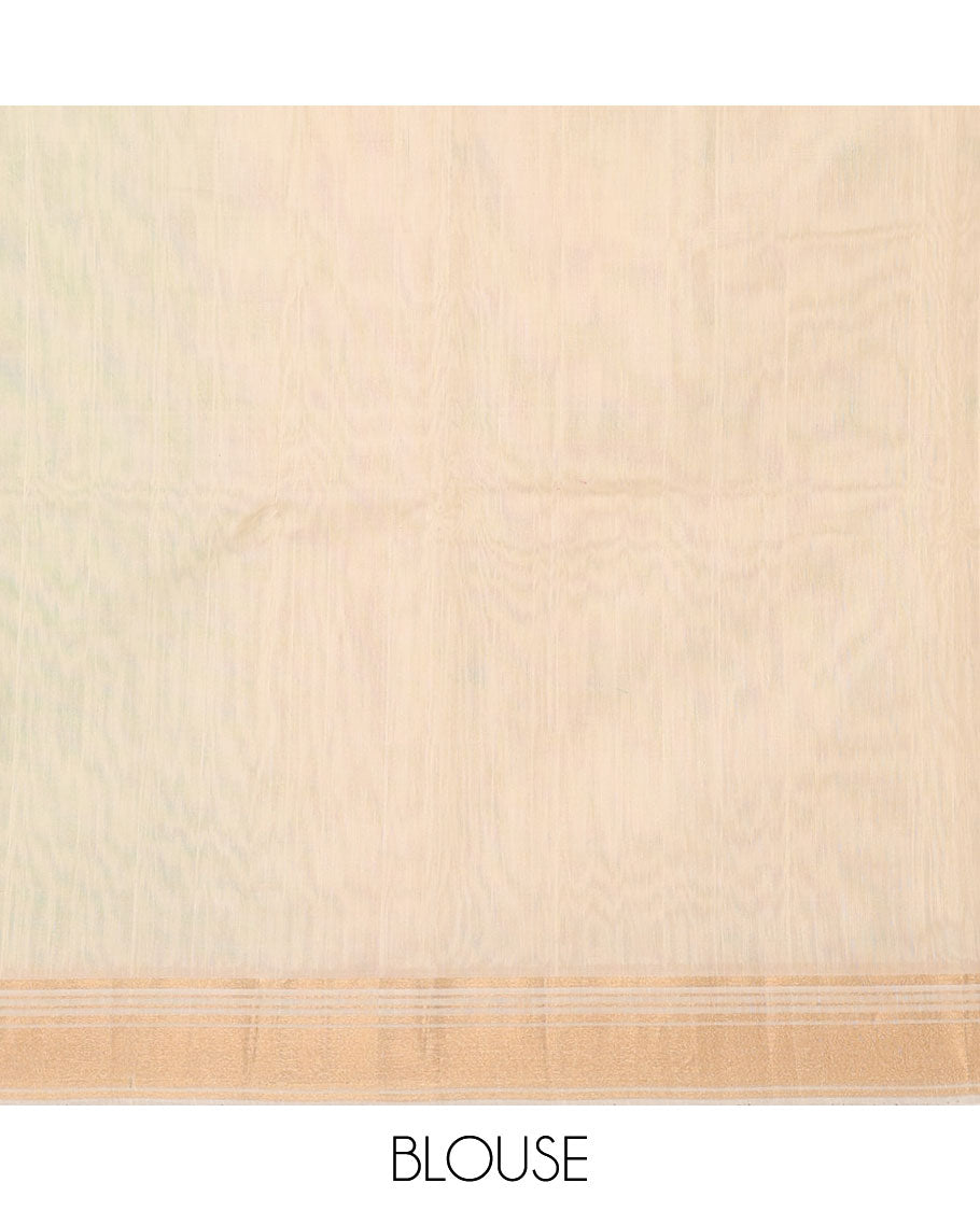 Light Pista Green Silk Cotton Saree, Subtly Sparkled with Zari Buttas, Contrast Zari Border, Intricate Pallu, and a Contrast Blouse