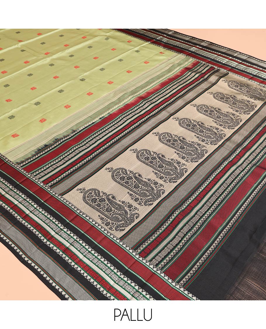 Green Vasundhara Silk Saree, Crafted with Thread Buttas, Contrast Border of Rekku, Ara Maadam, and Jada Nagam Designs, Manga Pallu, and Contrast Blouse