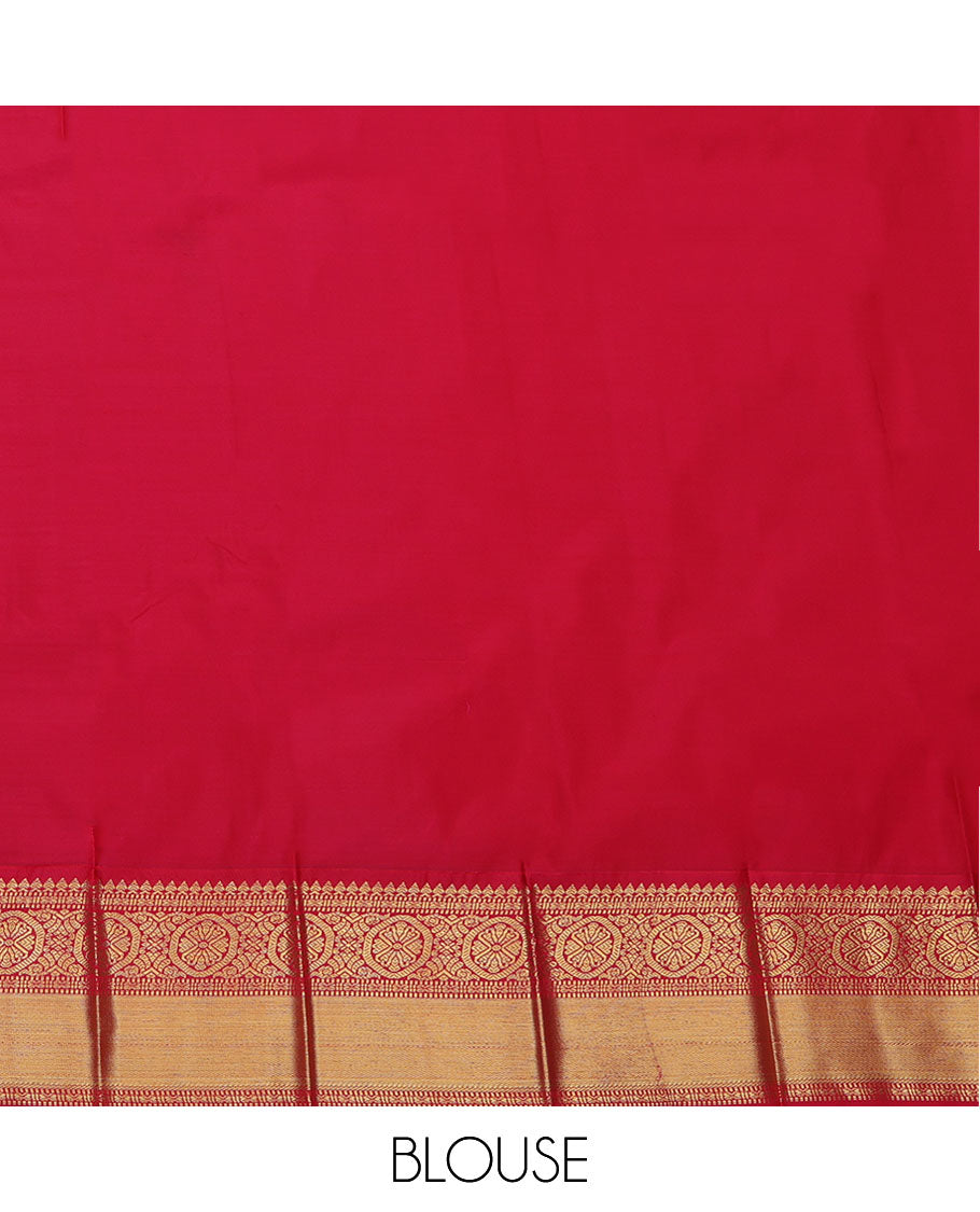 Green Budget Silk Saree, Bedecked with Zari Buttas on Its Body, Complemented by a Contrast Traditional Zari Design Border, Pallu of Geometric Designs, and Paired with a Contrast Blouse