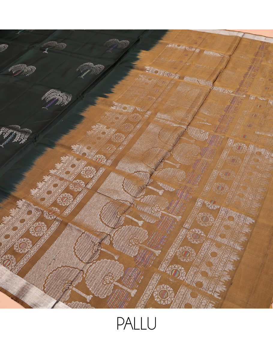 Black Mayuri Lite Silk Mix Saree, Ornamented with Coconut Tree Buttas, Complemented by Contrast Border, Grand Pallu, and Contrast Blouse