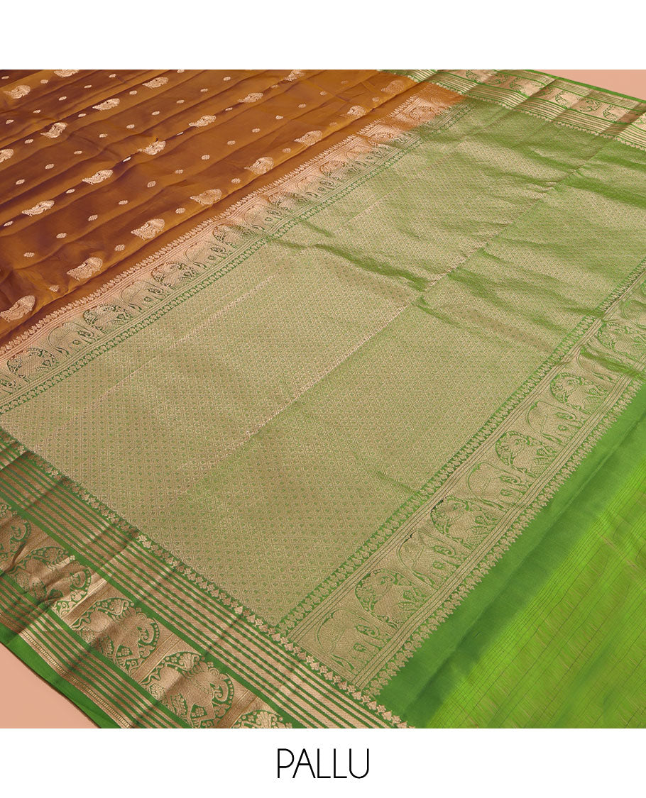Mustard Zari Buttas Vasundhara Lite Silk Mix Saree, a Contrast Yaali-Yaanai Border, Jaal Pallu, Contrast Blouse