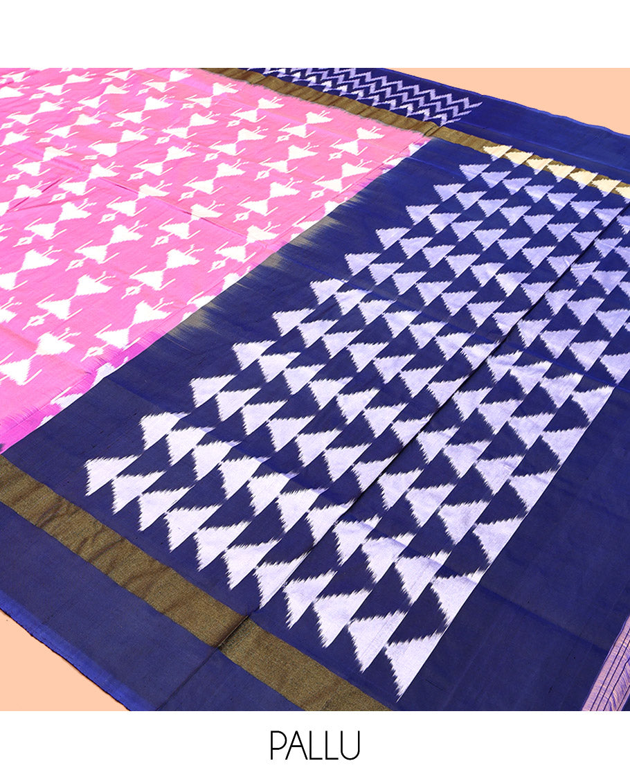 Pink Pochampally Ikat Saree, Artfully Detailed with Warli Ikat Motifs, a Contrast Chevron Striped Border, Ikat-Style Temple Pallu, and a Contrast Blouse