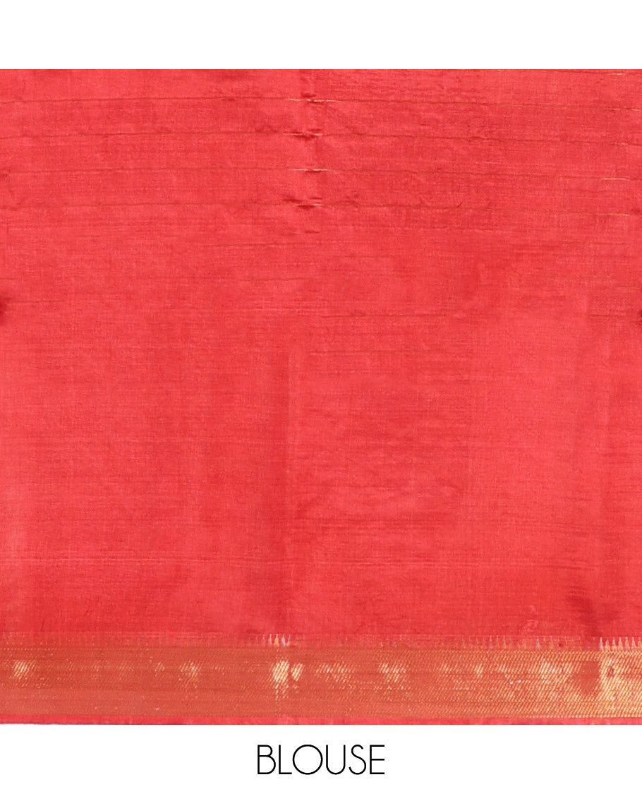 Red Banana Pith Saree, Highlighted  with Checks and Buttas, a Zari Temple Border, Striped Pallu, and Matching Blouse