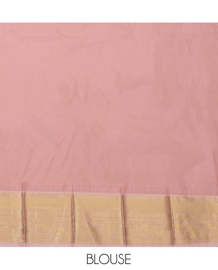 Pink Budget Silk Saree, Embellished with Zari Buttas and Stripes, Complemented by a Contrast Traditional Border, Grand Pallu, and Contrast Blouse