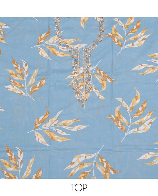 Blue Material Churidar Set, Decorated with Tropical Floral Print and Neck Threadwork Cotton Top, Printed Bottom, and Floral-Thread Embroidered Chiffon Dupatta