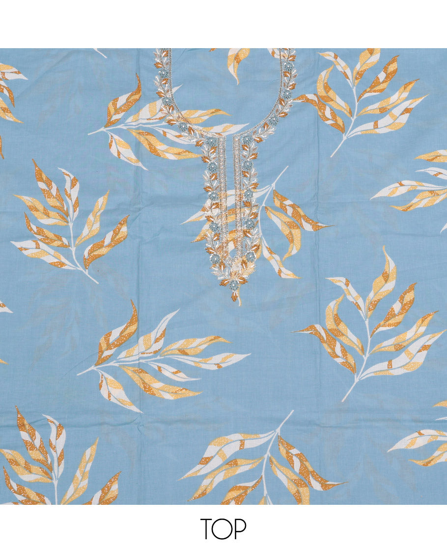 Blue Material Churidar Set, Decorated with Tropical Floral Print and Neck Threadwork Cotton Top, Printed Bottom, and Floral-Thread Embroidered Chiffon Dupatta