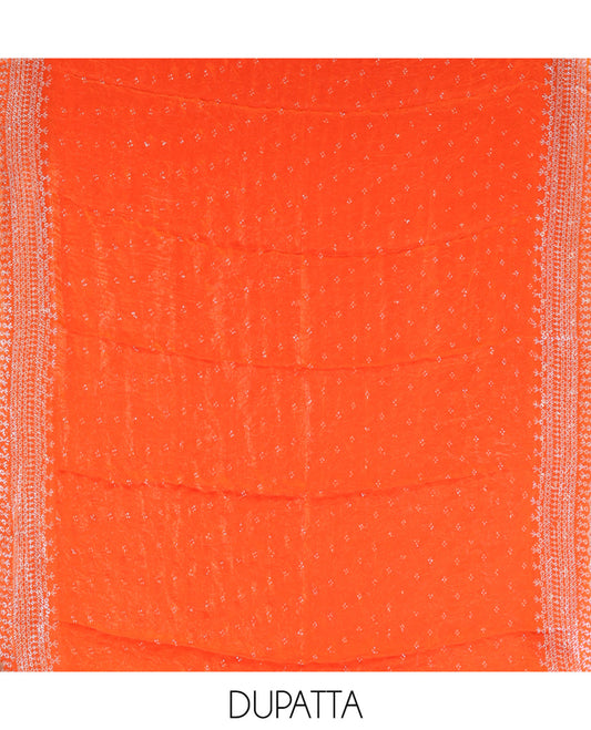 Rust Fendi Organza Material Chudidar Fetaures Pom-Pom-Neckline Top, Plain Bottom, and Scallop Embroidered Dupatta