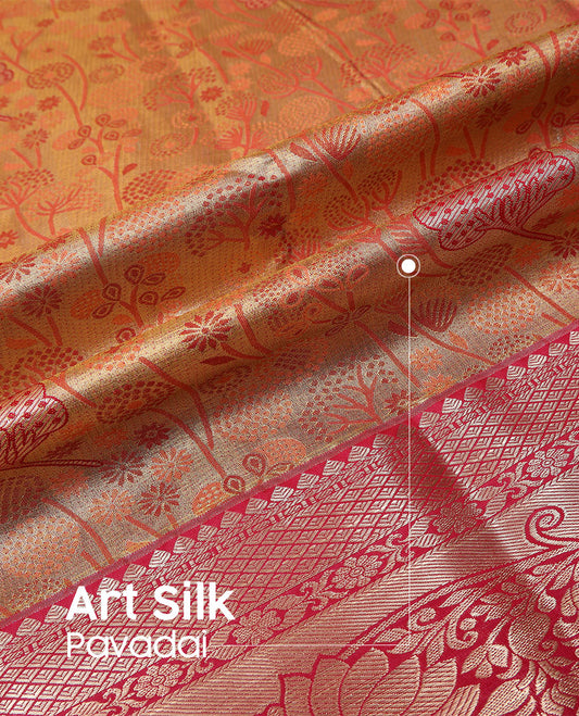 Orange art silk pavadai material set, floral jacquard pavadai, contrast blouse & traditional zari border