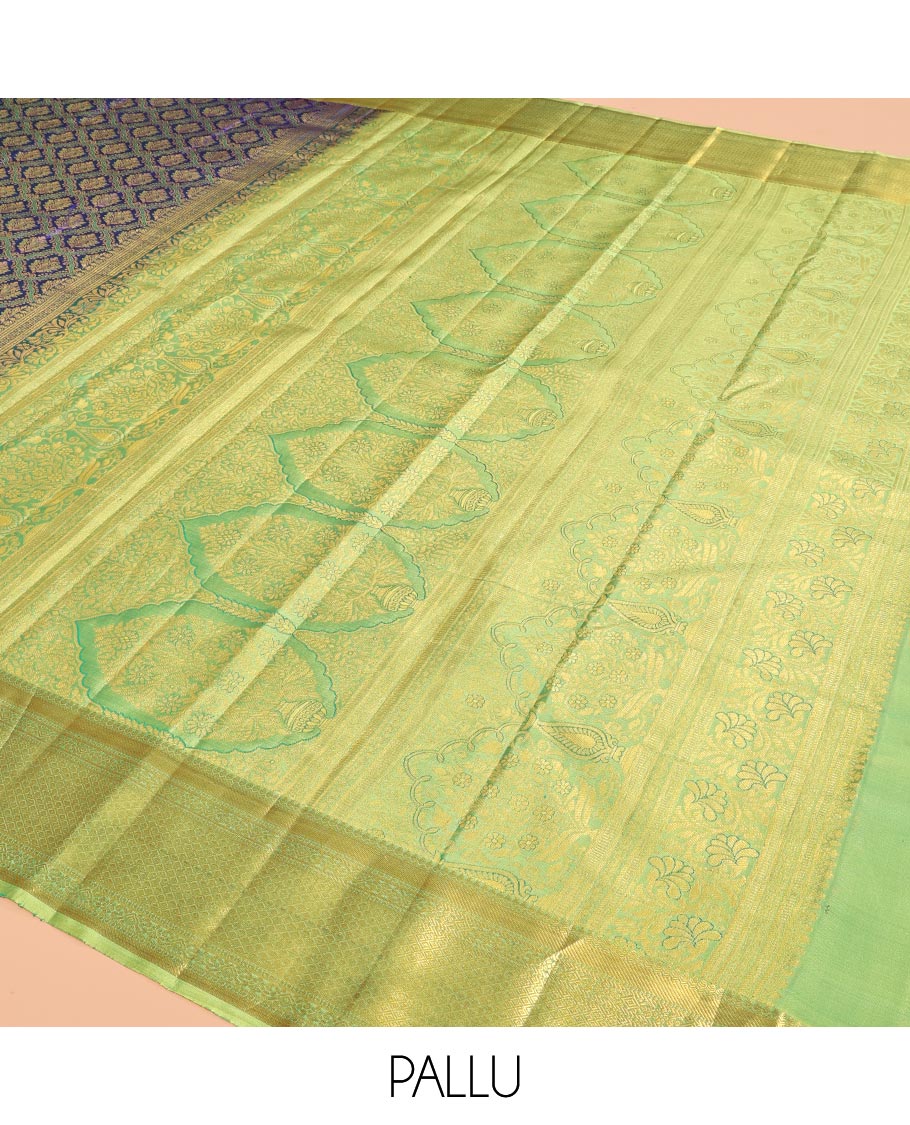 Blue Kanchipuram Wedding Silk Saree, Opulently Embellished with Jacquard Design, a Contrast Border of Traditional Designs, Grand Pallu, and a Contrast Blouse