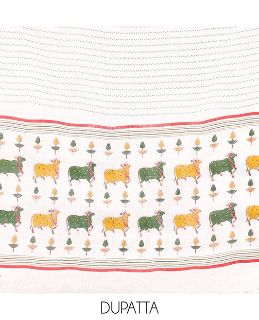 Green Material Chudidar Set, Artfully Woven with Pichwai Cow Motifs Embroidered Cotton Top, Complemented by a Contrast Plain Cotton Bottom, Paired with Pichwai Printed Dupatta