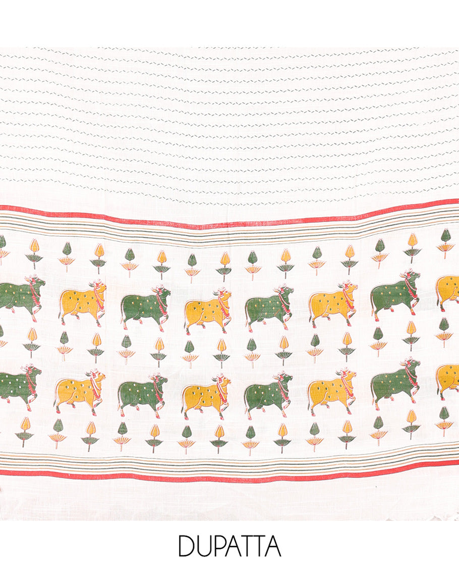 Green Material Chudidar Set, Artfully Woven with Pichwai Cow Motifs Embroidered Cotton Top, Complemented by a Contrast Plain Cotton Bottom, Paired with Pichwai Printed Dupatta