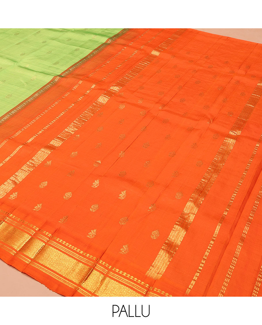 Green Kanchipuram Silk Saree, Finely Crafted with Zari Buttas on Its Body, Complemented by a Contrast One-Sided Korvai Border of Panner Sombu, Banaras, Muthu, and Mayil Kann Designs, Pallu Steeped with Zari Designs, and Comes Without a Blouse