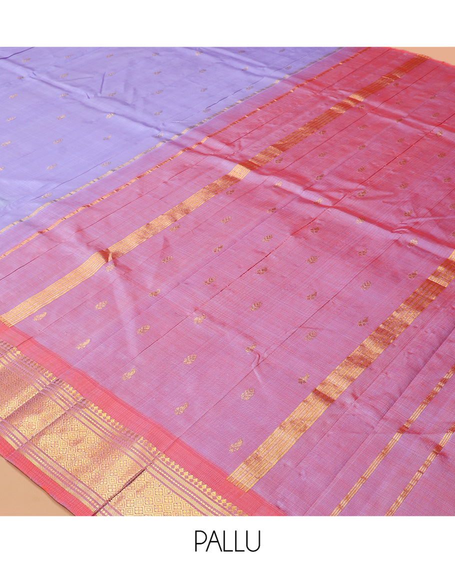 Lavender Kanchipuram Silk Saree, Embellished with Zari Buttas, Complemented by a Contrast Border of Panner Sombu, Banaras, Muthu, and Jaal Design, Zari Design Pallu, and No Blouse