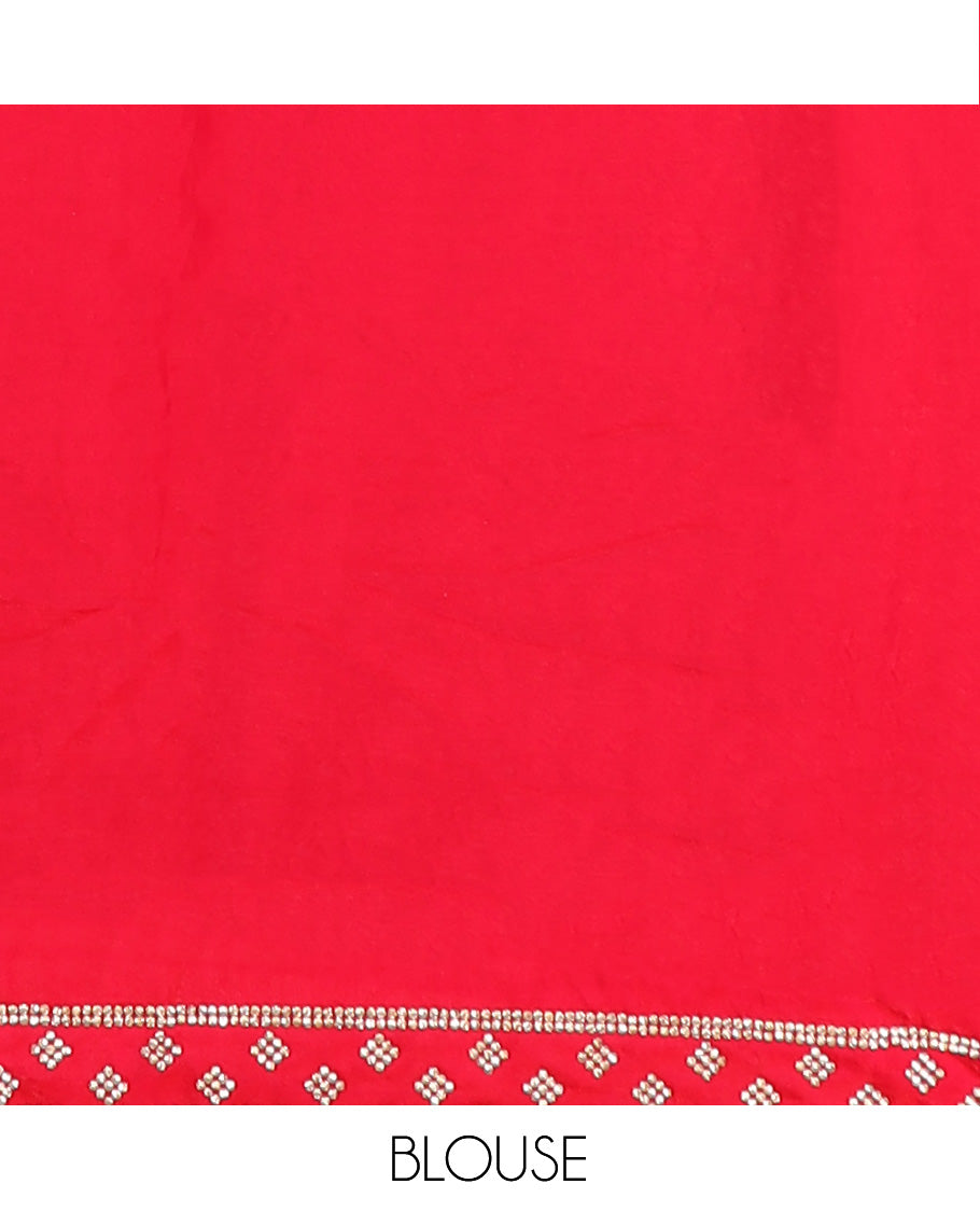 Red stone work designer saree, floral motifs micro-stone work border