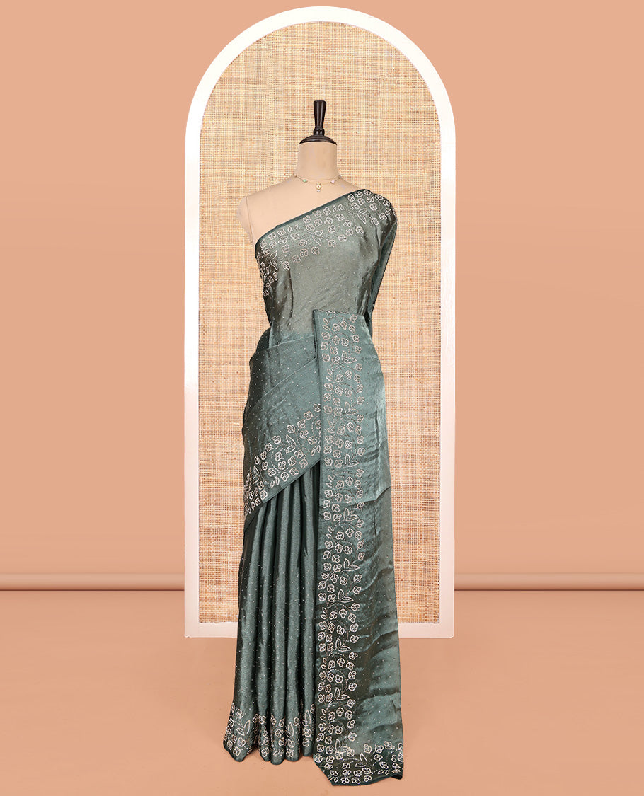 Grey Designer Saree, Enthralled with Stone Work All Over Its Body, a Scallop Floral Embroidered Border, and Matching Blouse