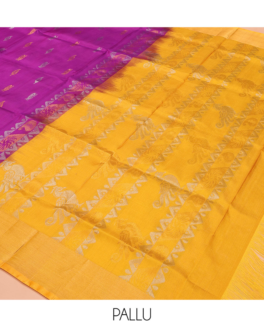 Rani Pink Uppada Silk Saree, Decorated with Zari Buttas All Over Its Body, Complemented by a Contrast Plain Border, Pallu Features Peacock Designs, and Paired with a Contrast Blouse
