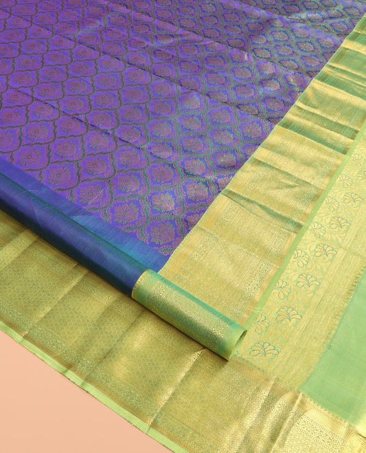 Blue Kanchipuram Wedding Silk Saree, Opulently Embellished with Jacquard Design, a Contrast Border of Traditional Designs, Grand Pallu, and a Contrast Blouse