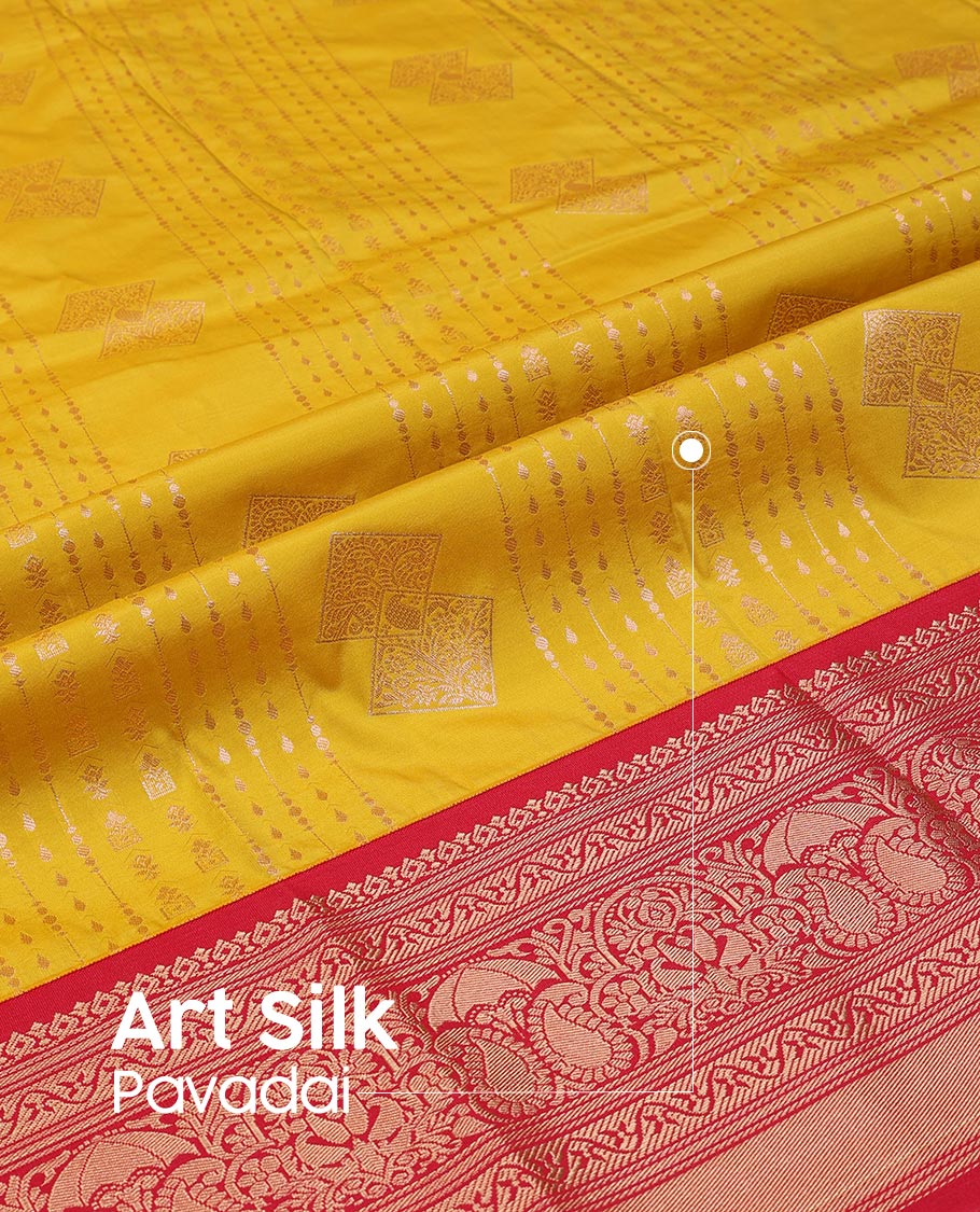 Yellow  Art Silk Pavadai Material Set, Detailed with Zari Designs Skirt, Complemented by a Contrast Traditional Zari Design Border, and Paired with a Contrast Blouse