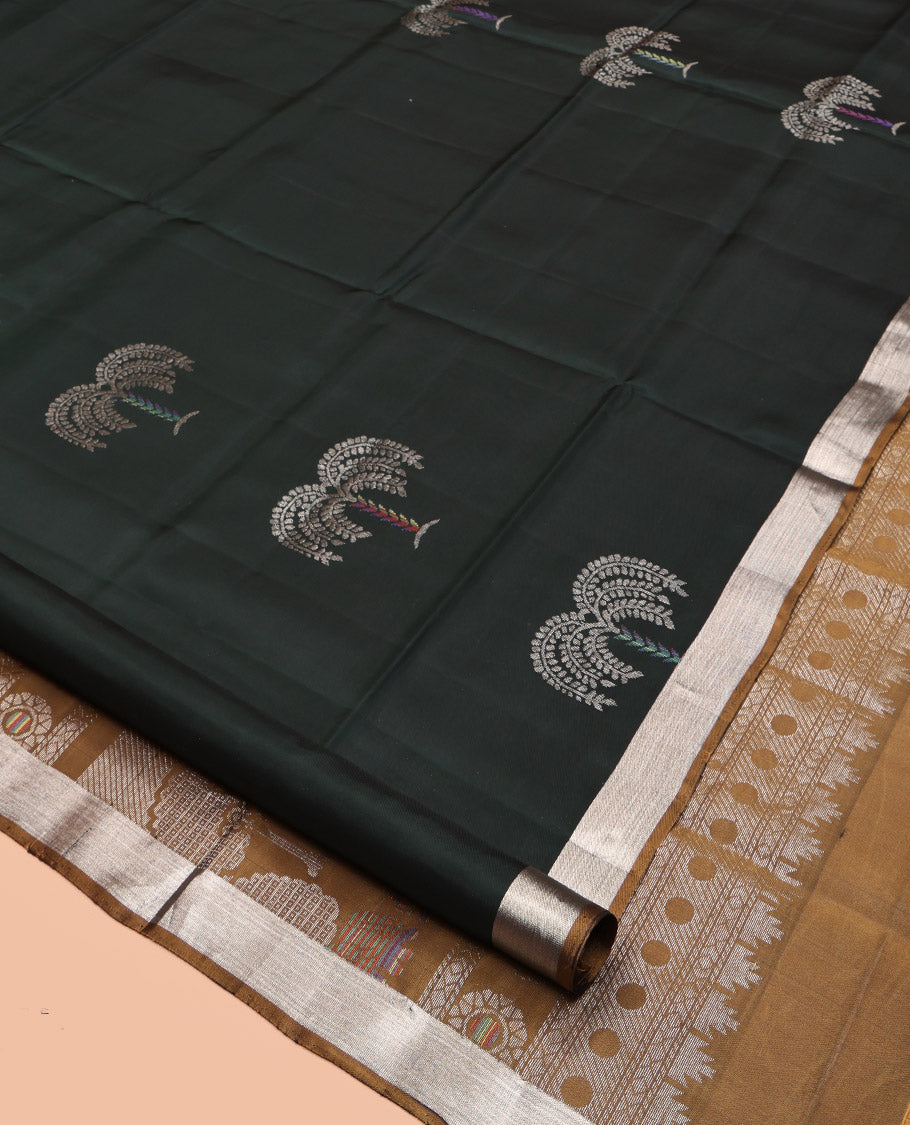 Black Mayuri Lite Silk Mix Saree, Ornamented with Coconut Tree Buttas, Complemented by Contrast Border, Grand Pallu, and Contrast Blouse