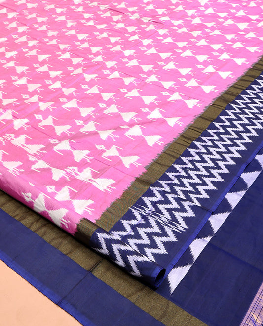Pink Pochampally Ikat Saree, Artfully Detailed with Warli Ikat Motifs, a Contrast Chevron Striped Border, Ikat-Style Temple Pallu, and a Contrast Blouse