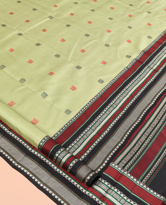 Green Vasundhara Silk Saree, Crafted with Thread Buttas, Contrast Border of Rekku, Ara Maadam, and Jada Nagam Designs, Manga Pallu, and Contrast Blouse