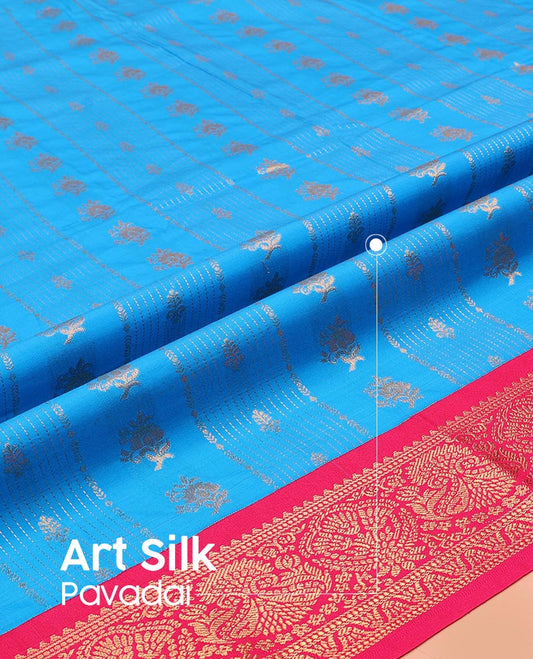 Light Blue Art Silk Pavadai Material Set, Ornamented with Zari Design on Its Skirt, Complemented by a Contrast Zari Design Border, and Paired with a Contrast Blouse