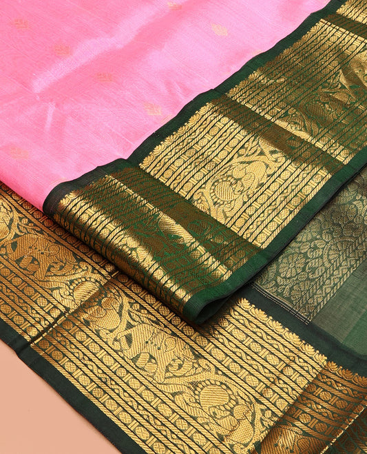 Pink Zari Buttas Kuppadam Silk Saree, a Contrast Traditional Zari Border, Intricate Pallu, a Contrast Blouse