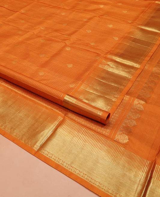 Orange Venkatagiri Silk Saree, Decorated with Zari Buttas and Micri-Checked Design on Its Body, Highlighted by a Zari Border of Rudraksham, and Temple Designs, Grand Jaal Design Pallu, and Paired with a Matching Blouse