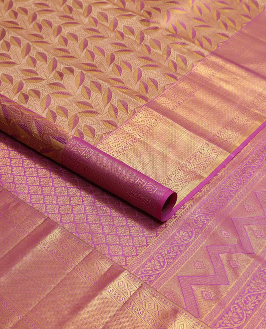 Sandal leaf design kancheepuram silk saree with contrast border of intricate zari design & floral design pallu