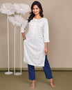 Off-White Geometric Printed Below-Knee-Length Cotton Kurti, Adorned with Round-Neckline, 3/4 Sleeves, Straight-Cut Length