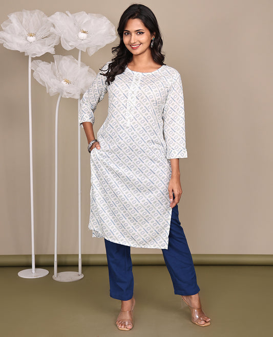 Off-White Geometric Printed Below-Knee-Length Cotton Kurti, Adorned with Round-Neckline, 3/4 Sleeves, Straight-Cut Length