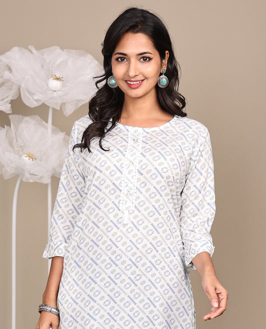 Off-White Geometric Printed Below-Knee-Length Cotton Kurti, Adorned with Round-Neckline, 3/4 Sleeves, Straight-Cut Length