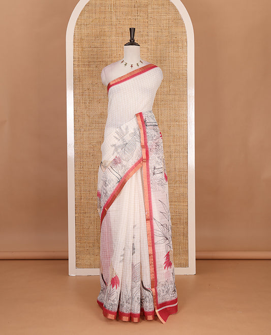 White with pink zari checks linen saree with contrast border and unique designs of pallu along with contrast plain blouse