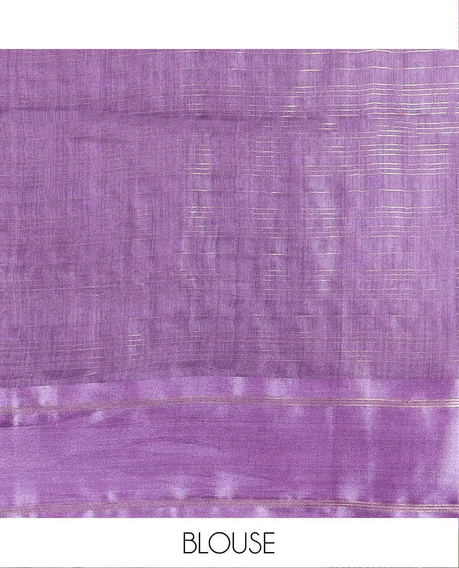 Purple checked tussar saree, contrast striped border, and self-pallu