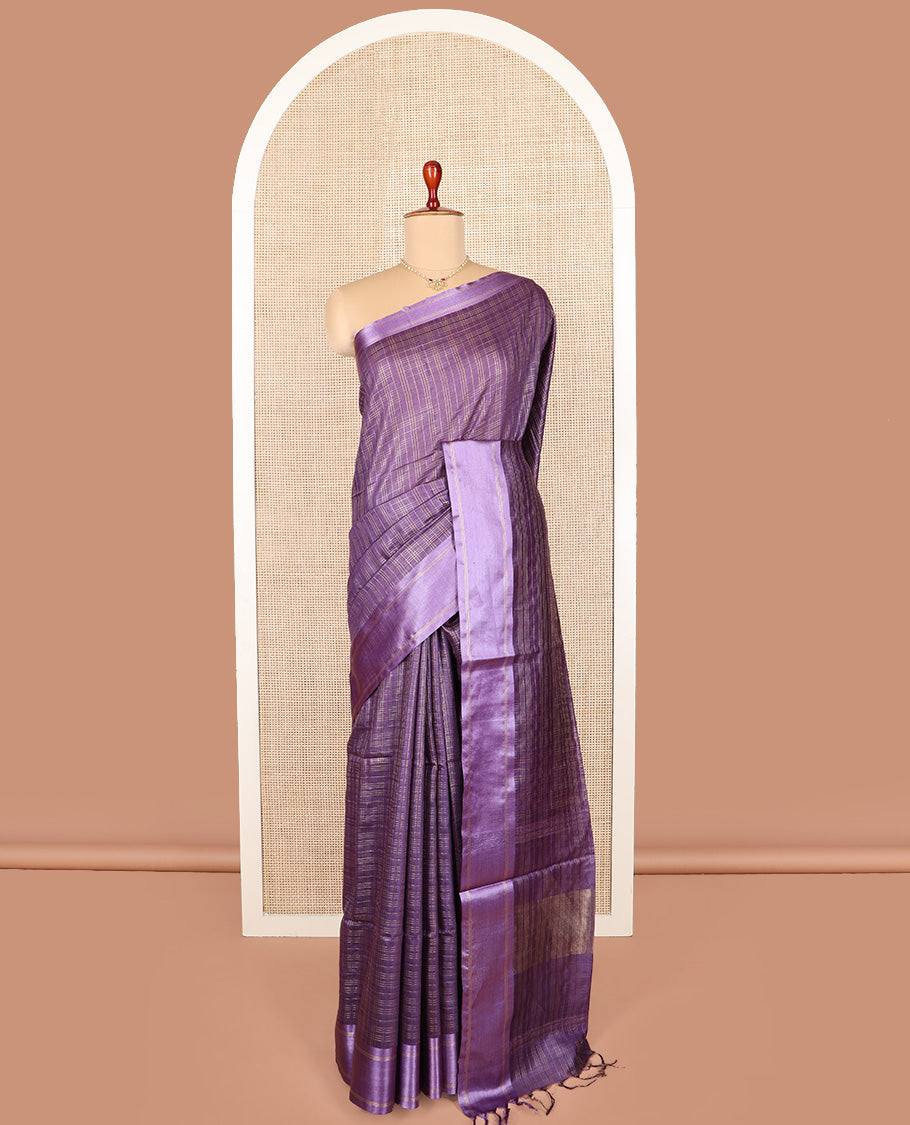 Purple checked tussar saree, contrast striped border, and self-pallu