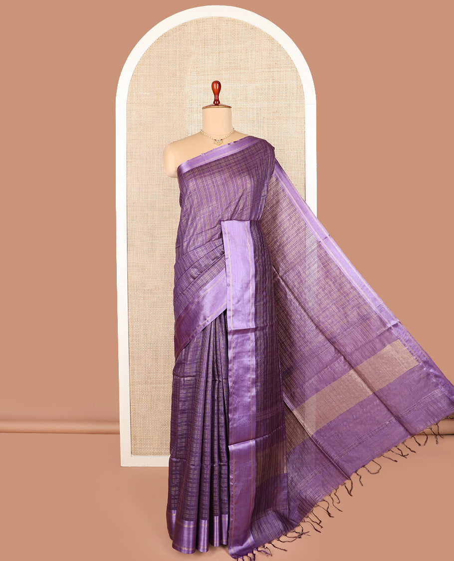 Purple checked tussar saree, contrast striped border, and self-pallu