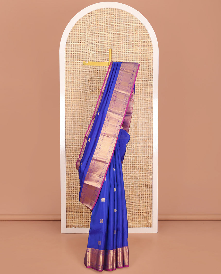 Royal Blue Vasundhara Lite-Silk Mix Saree, Artfully Woven with Annam Chakram Buttas, Complemented by a Contrast Border of Rudraksham, Annam, Chakram, Yaanai, Vanki, and Mayil Kann Designs, Grand Jaal Pallu, and Paired with a Contrast Blouse