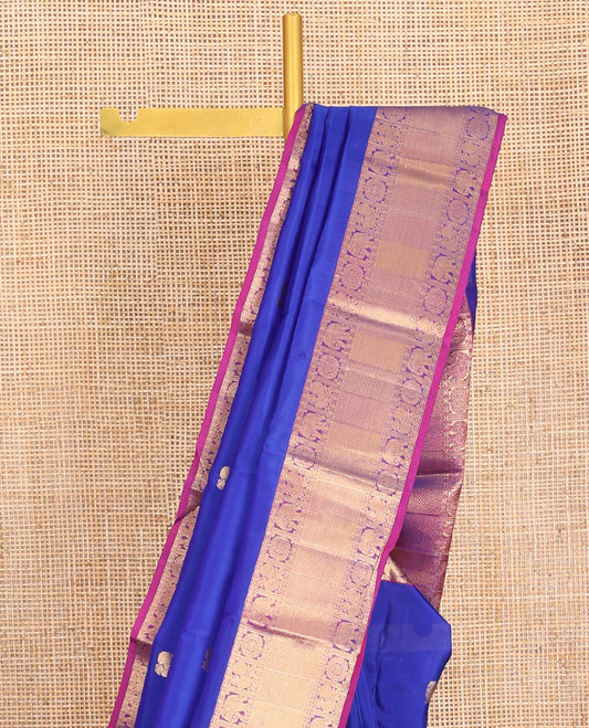 Royal Blue Vasundhara Lite-Silk Mix Saree, Artfully Woven with Annam Chakram Buttas, Complemented by a Contrast Border of Rudraksham, Annam, Chakram, Yaanai, Vanki, and Mayil Kann Designs, Grand Jaal Pallu, and Paired with a Contrast Blouse