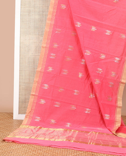 Pink leaf motifs chanderi cotton saree with self zari border & striped pallu