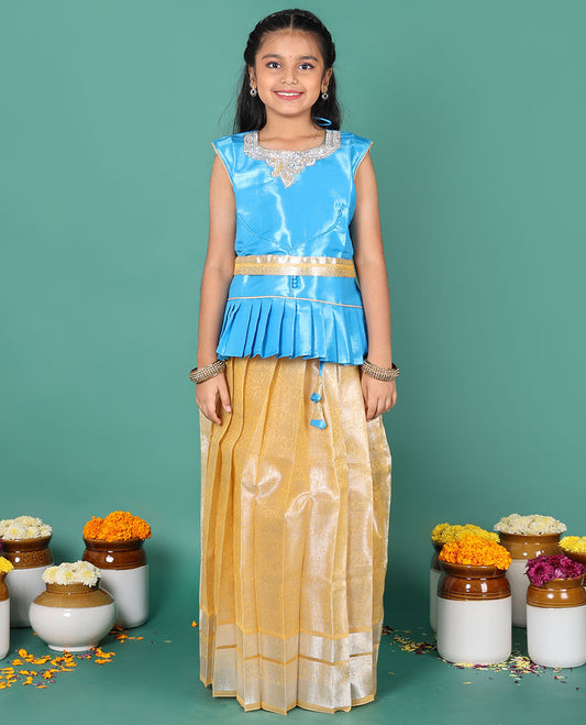 Yellow readymade art silk pavadai, jacquard skirt, & jacquard embroidered round neck sleeveless blouse with contrast zari work belt
