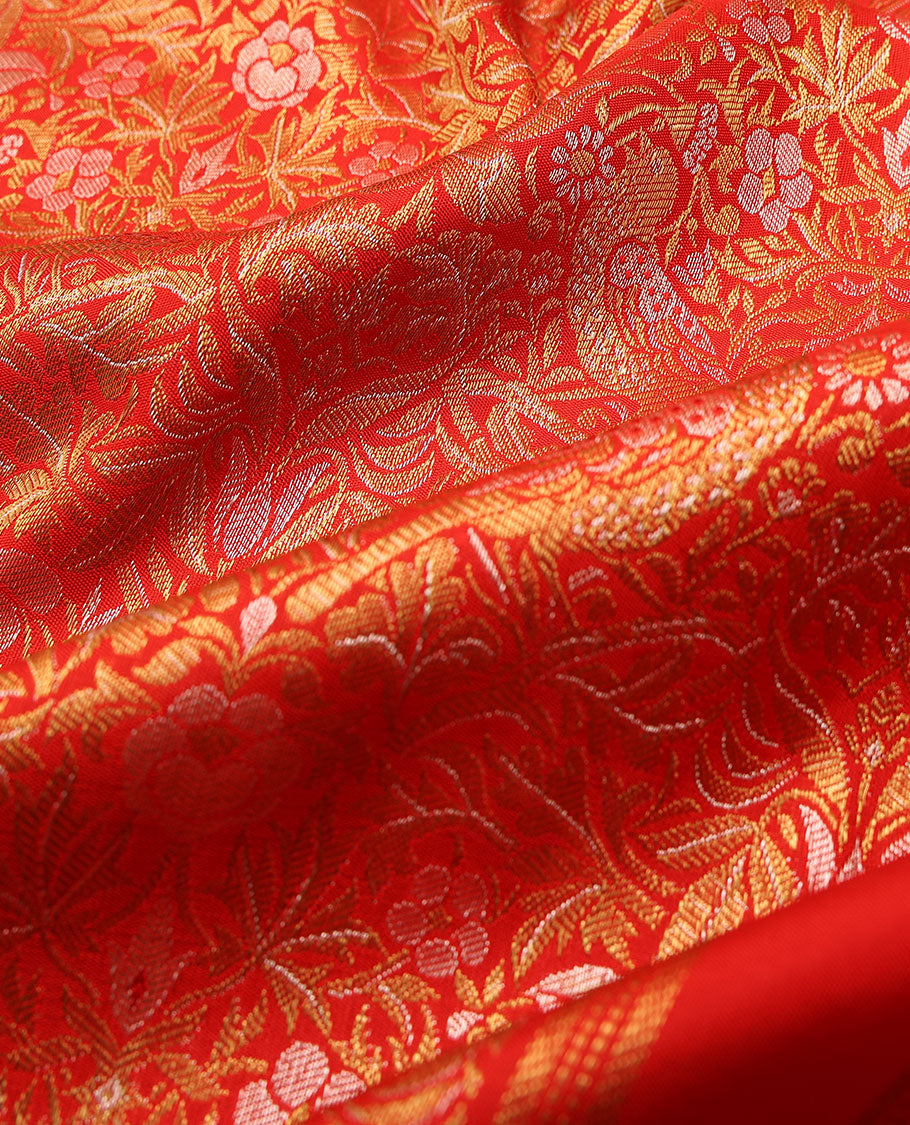 Red jacquard silk saree, zari border of rekku,rettai neli,jaal,kodi visiry,round yaanai & round mayil & intricate pallu